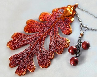 Genuine Oak Leaf Necklace Oxidized Sterling Silver Iridescent Copper Oak Leaf Pendant Necklace Real Leaf Botanical Nature Autumn Necklace