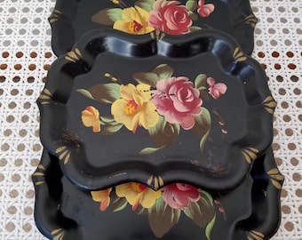 Vintage Hand Painted Metal Trays Set of 3 Black With Tole Flowers 5 3/4 x 7 3/4, Bohemian Florals, Shabby Cottage