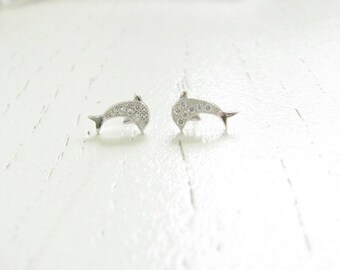 SALE - Tiny whale studs - Whale studs - CZ studs - Stud earrings - Whale Post earrings - Whale jewelry