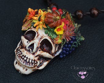 Scull necklace Halloween necklace Statement necklace Autumn leafs necklace Pumpkin necklace Halloween gift Polymer clay necklace