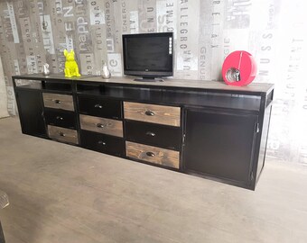 Furniture industrial tv blackened steel and gray tree