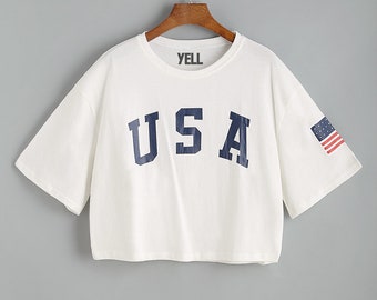 USA Shirt Crop Top American Flag Shirt for Women Ladies Girls Patriotic 4th of July Red White Blue Stars and Stripes Swimsuit Outfit YL006