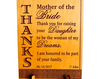 Bride's Mother Custom Plaque Gift from Groom, Keepsake for Brides Mom - Mother in Law, Wedding Thank You Parents of the Bride Gift, PWP007