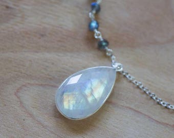 Rainbow Moonstone Pendant on Long Sterling Silver Chain, Long Layering Necklace, Bezel Set Rainbow Moonstone Necklace