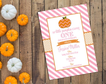 Little Pumpkin Birthday Party Invitation - Fall Birthday Party - Pink and Orange Stripes - Printable