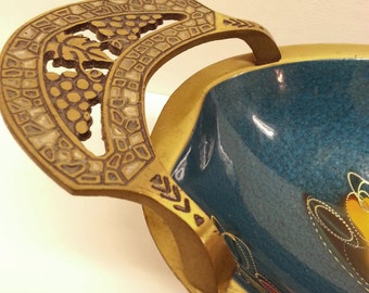 Vintage Oval Enameled Brass Bowl, Made in Israel, Decorative Teal Fruit Serving Dish