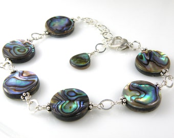 Abalone Bracelet, Blue Shell Bracelet, Teal Paua Bracelet, Sterling Silver, Round Disc Shell Beach Jewelry, Handmade Beach Jewelry Gift