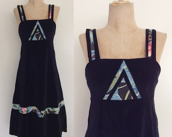 1970's Black Velvet Jumper Dress Size XS Petite by Maeberry Vintage