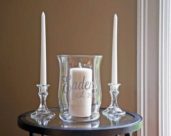 Unity Candle Holder Set - Name & Est. - Vinyl Wedding Monogram - Glass Candle Holder - Wedding Candle - Unity Ceremony - Unity Set