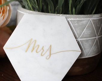 4 Inch// Customized Calligraphy Hexagon Marble Coasters. Wedding Place Cards. Escort card. Personalized Hexagon Coasters.Wedding Favors.