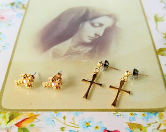 VINTAGE Cross Pierced Earrings Lot/Bundle-Signed Avon-Pearl-Gold-Dangle-All Orders Only 99c Shipping!