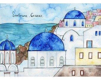 SANTORINI, GREECE Print 11X14 Ink and Watercolor Painting