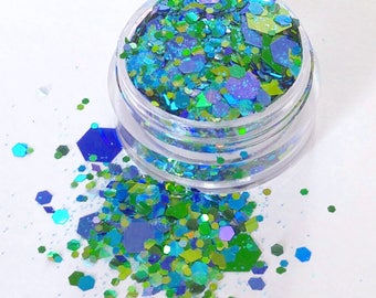 Oriental Dragon -Various Blue and Green Holographic Shades, Chunky Body and Face Glitter, For Festival & Creative Makeup, Slime and Crafts
