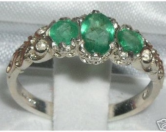 Silver Emerald Ring | Sterling Silver Ring | Sterling Silver Emerald Ring | Emerald Trilogy Ring | May Birthstone | Vintage Style Ring
