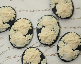 6 unset lady cameos - Ivory on black - 25x18mm