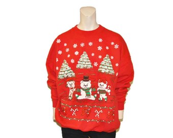 Vintage Ugly Tacky Christmas Sweatshirt Ice Skating Bears Size XL Red Holiday Sweater Retro Crewneck Snowflakes Funny 1980's or 1990's
