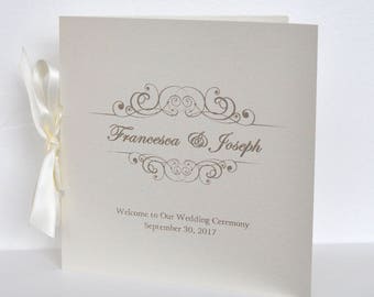 Custom Wedding Programs / event ceremony / square folded / beige ribbon / metallic beige paper / thermo / raised glitter ink /