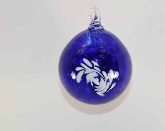 Hand Blown Glass Ornament - Cobalt Blue with Design