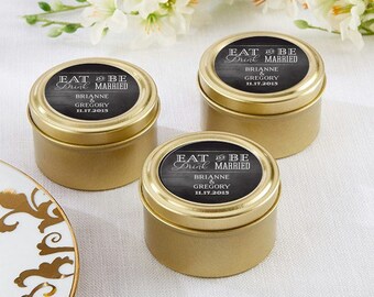 Personalized Round Gold Candy Tin, Eat Drink and Be Married, Mint Tin Wedding Favors, Gold Mint Tin Favors (14111NA-WD)