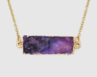 Gold Plated 25mm Rectangle Natural Purple Druzy Necklace