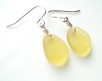 Seaham Sea Glass hook earrings of Soft Yellow drops suspended from Sterling Silver hooks - E1778 - from Seaham, UK