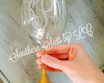 Monogrammed Glitter Wine Glasses - Etched