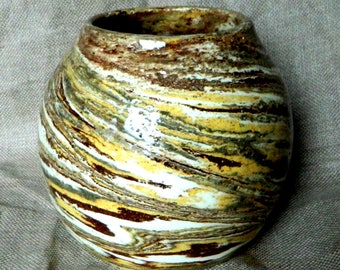 Ceramic sphery vase, striped and multicolored