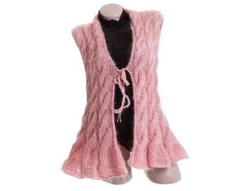 Pink mohair cardigan sweater, Cable knit vest, Fluffy womens sweater, Mohair cardigan, Cable knit cardigan, Mohair sweater