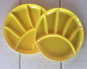2 Vintage Round stoneware Fondue Sushi plates Retro bright yellow ceramic grill plates retro fondue plates YELLOW Mid century serving dishes