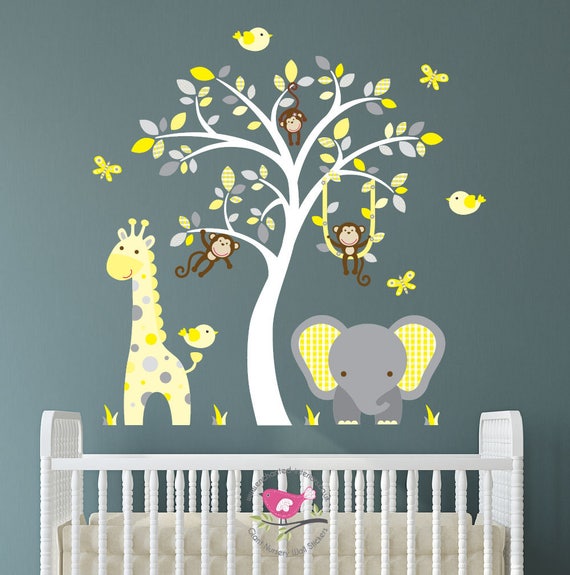 Jungle Decal elephant nursery wall stickers Yellow and Grey