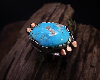 Intense Blue Turquoise Ring- Cripple Creek Turquoise- Silver and Copper Ring