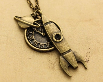 Rocket Necklace, Steampunk Necklace, Scifi Necklace, Space Necklace, Science Necklace, Gift for her, Bronze Pendant, Clock Necklace, Planet