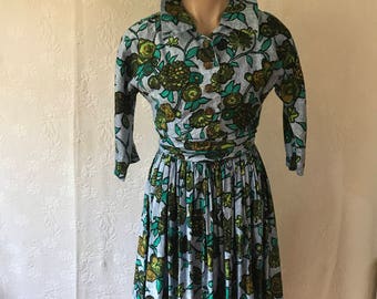1950s Peggy Park cotton floral print rouched dress with full skirt
