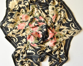 90s Ferre Floral Silk Scarf - Black Pink Roses Dark Romantic