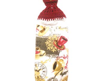 Coffee Cups Hand Towel With Claret Crocheted Top And Bottom