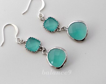 Crystal earrings, Mint green dangle, long silver crystal drop earrings, jewelry gift, by balance9
