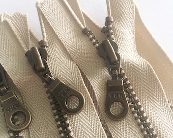YKK Antique Brass Metal Donut Pull Zippers - (5) Pieces - Khaki 010- Currently available in 7,8, and 10 inches