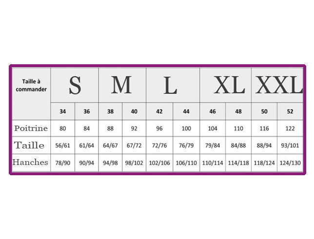Tableau Des Tailles à Commander Mesures Femme Robe Ou Top