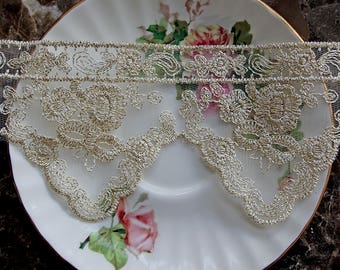 Reneabouquets Trim- 3 Inch Wide Vintage Gold Locket Lace, Embroidery, Venice , Bridal, Costume Design, Lace Applique, Crafting