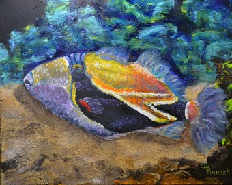 Hummer Fish Hawaii state tropical ocean sea life print colorful aquarium Coral Reef long name humuhumunukunukuapua'a original artwork wall