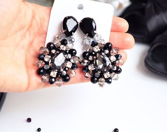 black jewelry gift woman black earring Crystal Earrings large black Chandeliers grey rhinestone earrings Dangle black statement earrings