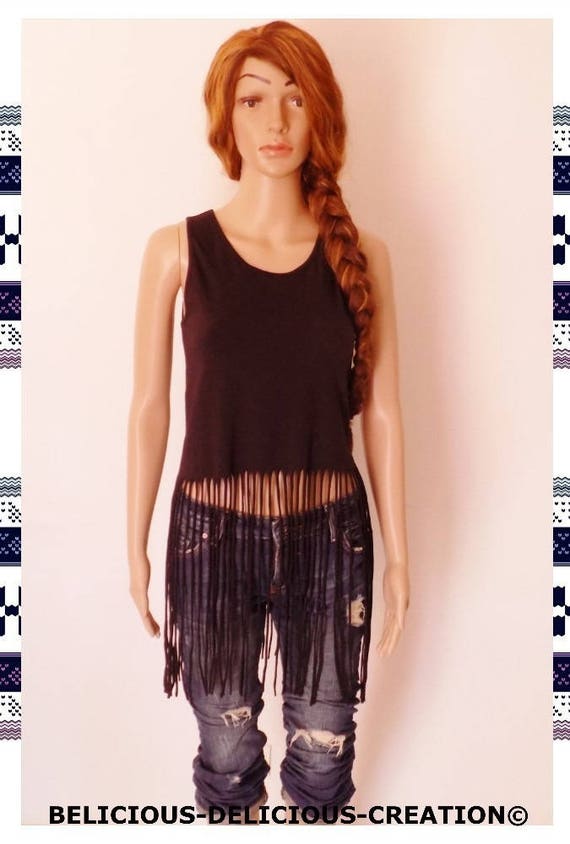 Original Top woman! FRINGED! black cotton T S Belicious Delicious Creation 87cm long