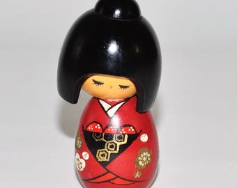 Vintage Japanese Kokeshi こけしDoll, Black Hair Red Kimono