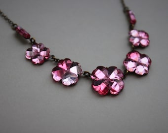 Art Deco Pink Mirrored Glass Clover Necklace / Antique 1920s Vauxhall Glass Choker Necklace