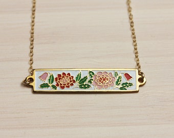 Flower Bar Necklace, Enamel Bar Necklace, Pink Flower Bar Necklace, Vintage Flower Necklace, Gold Bar Necklace