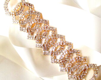 Sash - Rose Gold Wedding Dress Sash - Rhinestone Encrusted Bridal Belt Sash - Crystal Wide Wedding Belt - Pink Gold Belt