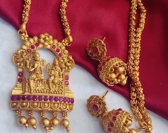 Temple jewelry , Golden matte finish necklace with earrings,Haram,Wedding jewelry,Gift for her,Jumka earrings,