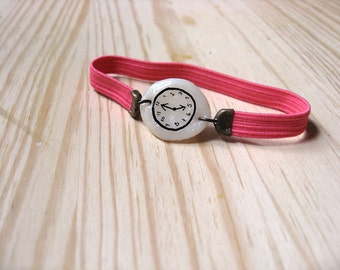 NEON PINK Fake watch with elastic watchband. One-of-a-kind handmade Porcelain bracelet. Toy clock.