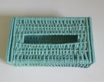 Vintage Turquoise Wicker Tissue Box Holder Beach Cottage Cottage Chic