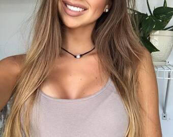 Thick Stranded Black Pearl Choker, Suede Choker Necklace, White Pearl Choker, Choker Necklace, Gift for her